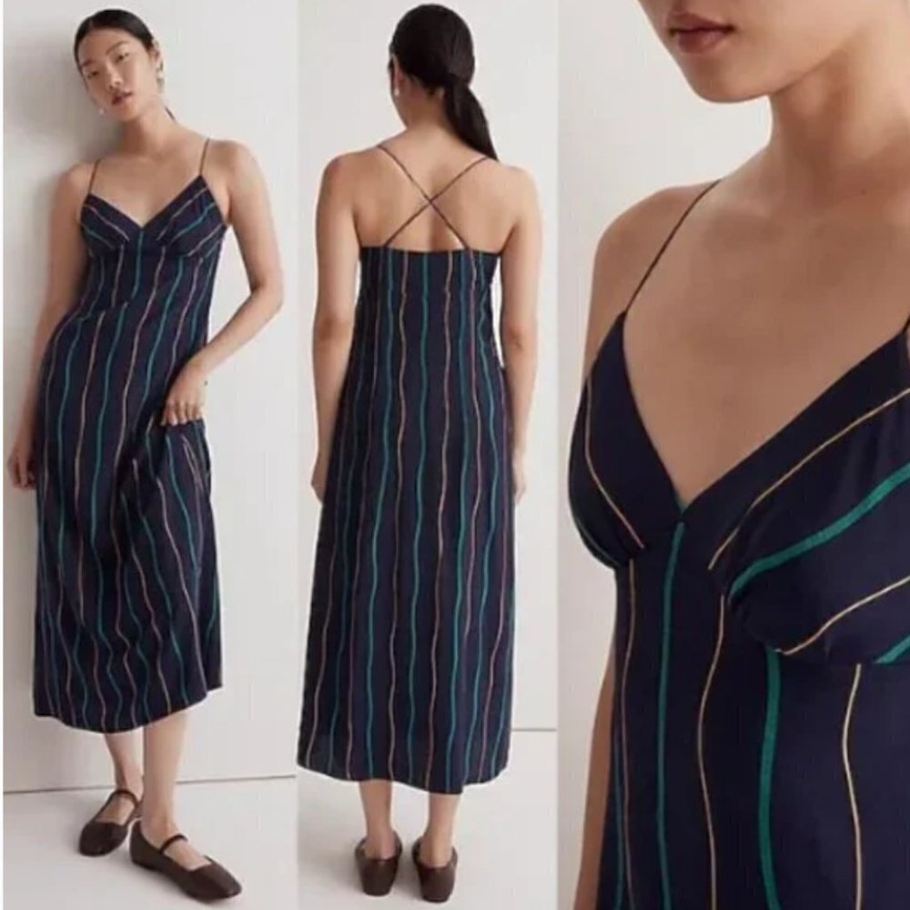 Madewell Women's 4 Layton Sadie Wavy Stripes Midi Slip Dress Fresh Blueberry NWT